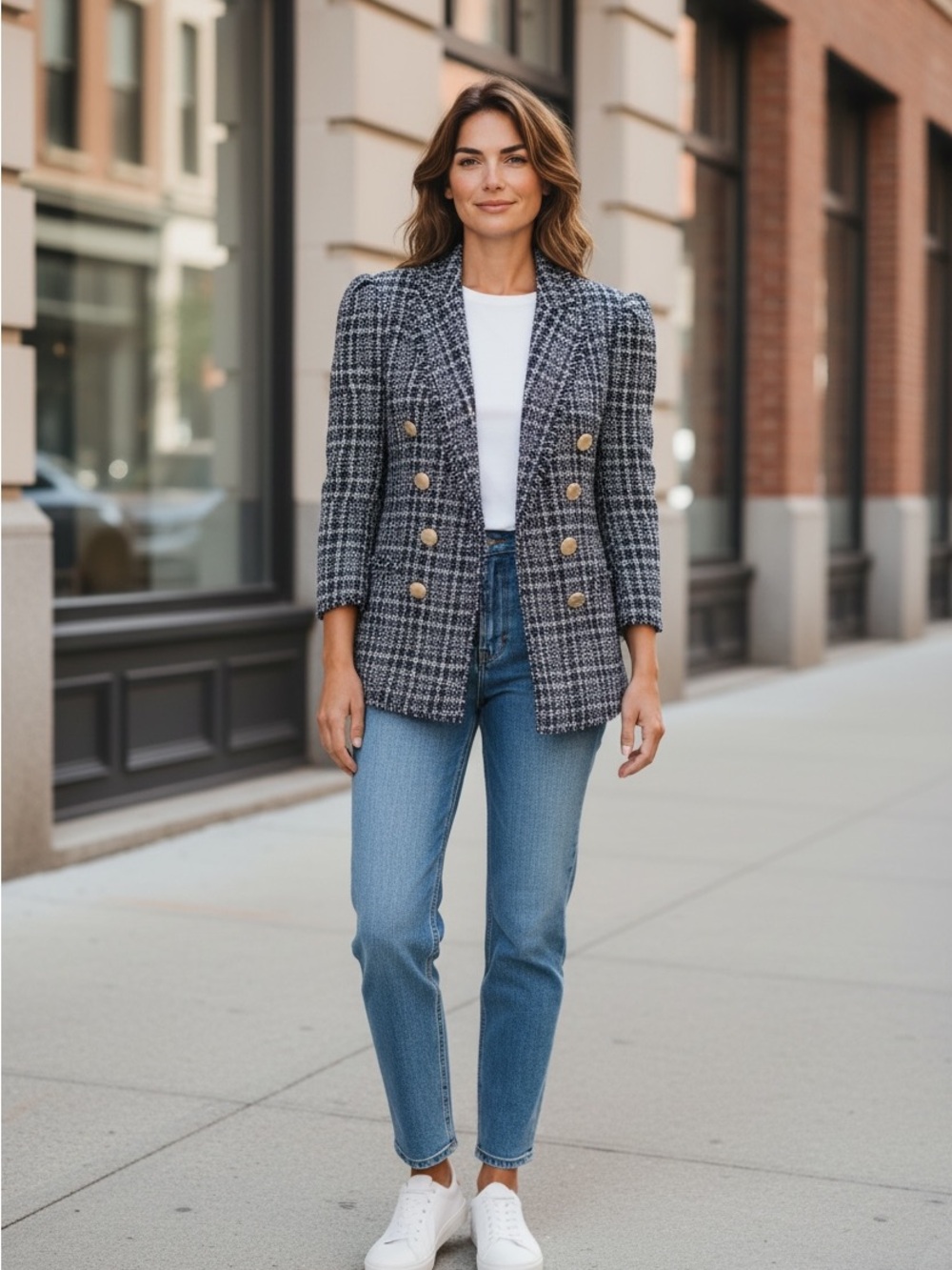 Dkny Black and White Plaid Double-Breasted Open Blazer